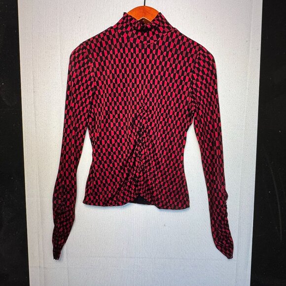 Vintage 90s INC Black Red Mod Print Lined Sheer Long Sleeve Top Medium  Petite - Picture 1 of 13